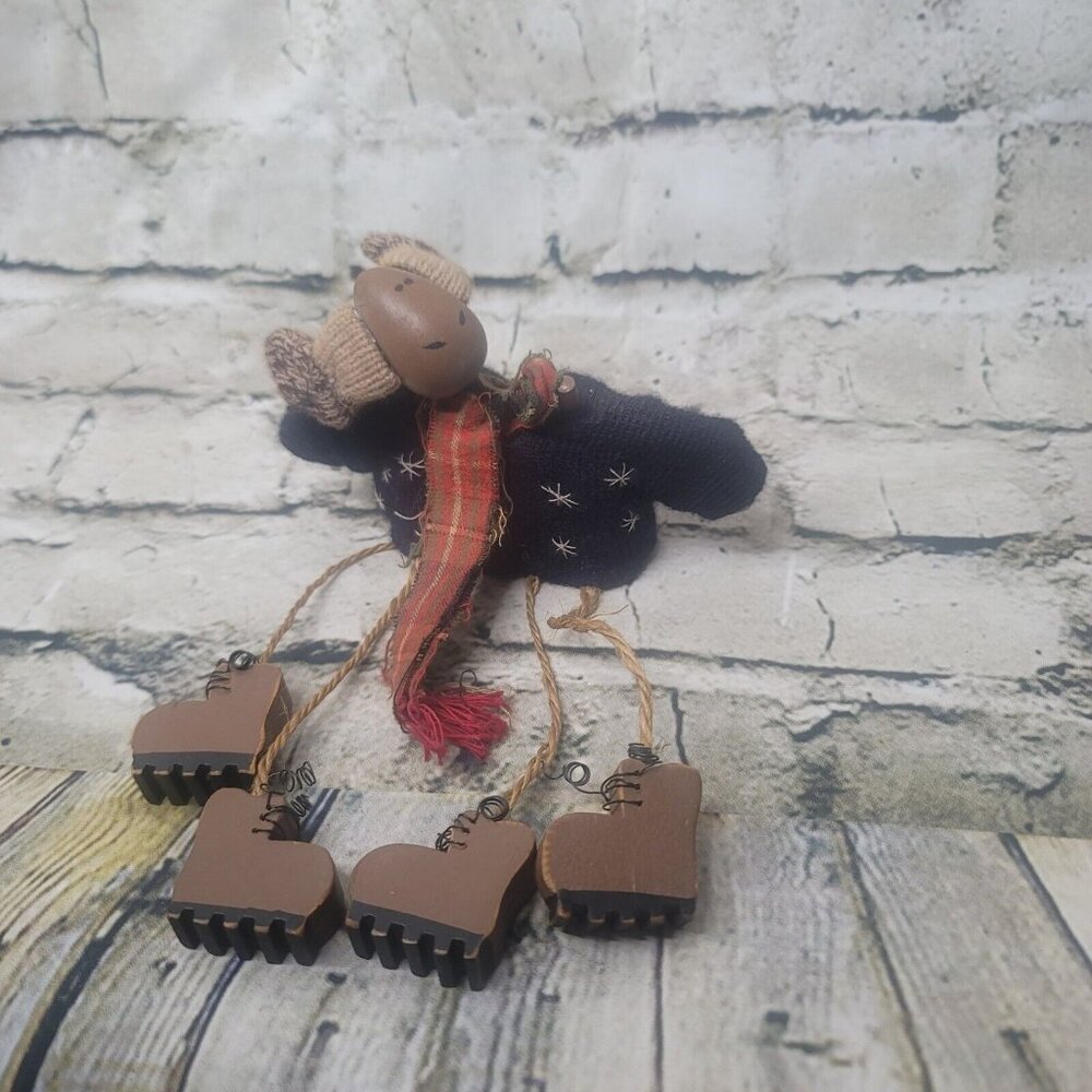 Little Wooden Moose Wearing A Sweater Christmas Ornament Shelf Sitter